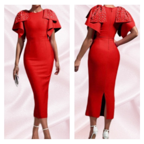 Red BodyCon Exaggerated Embellished Sleeves Dress - Picture 2 of 3